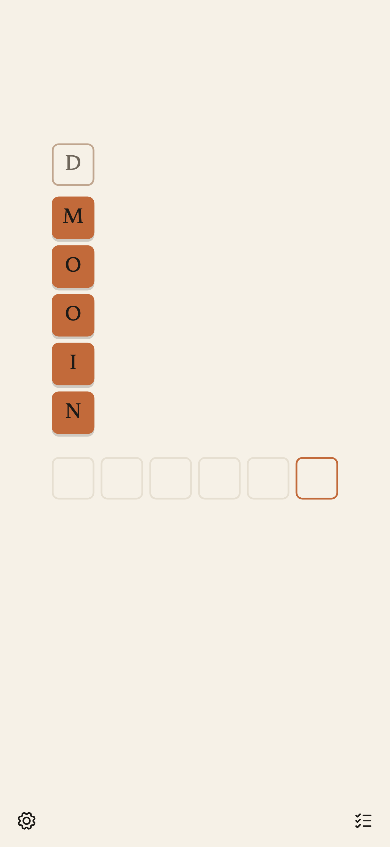 Topsy Wordy, the play screen showing a column of letters and empty answer slots.