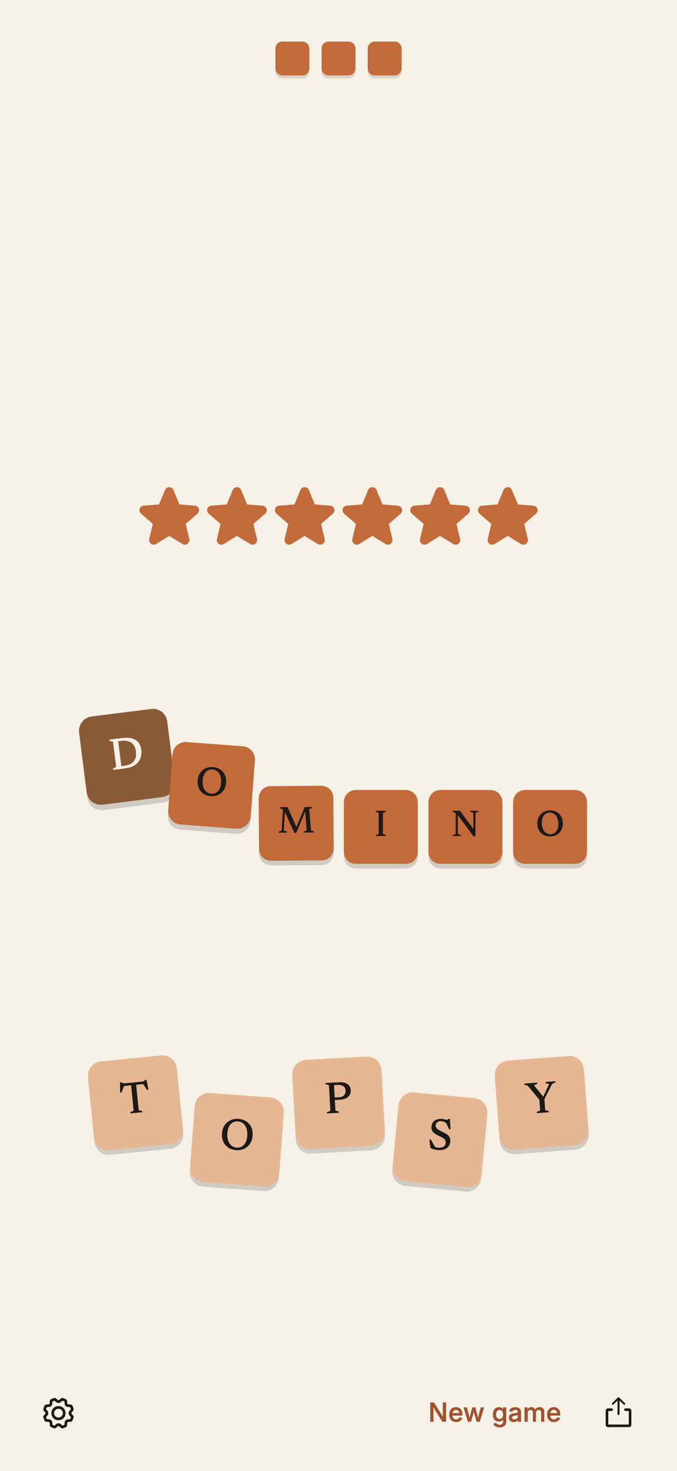 Topsy Wordy, the completed DOMINO puzzle with six stars and TOPSY collected below.