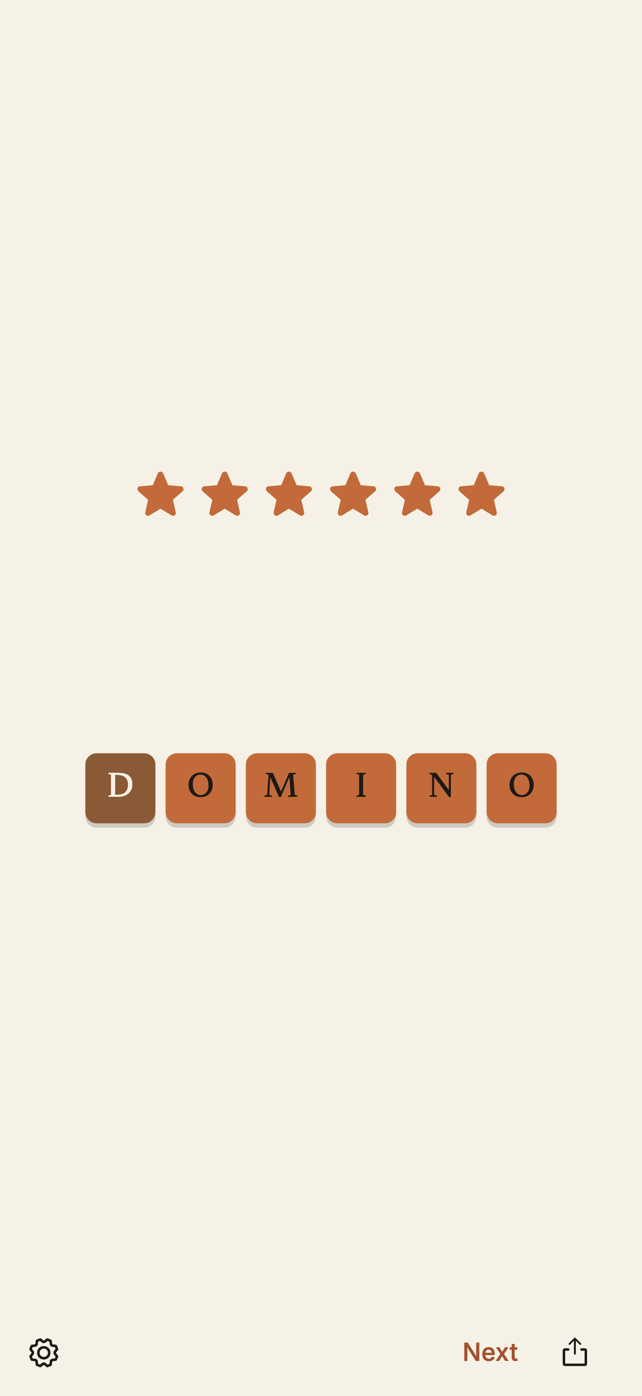 Topsy Wordy, the solved screen showing the completed word and six earned stars.